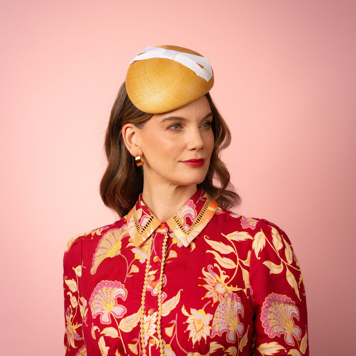 Evelyn Beret in gold straw with white infinity bow Spring Racing Headpiece
