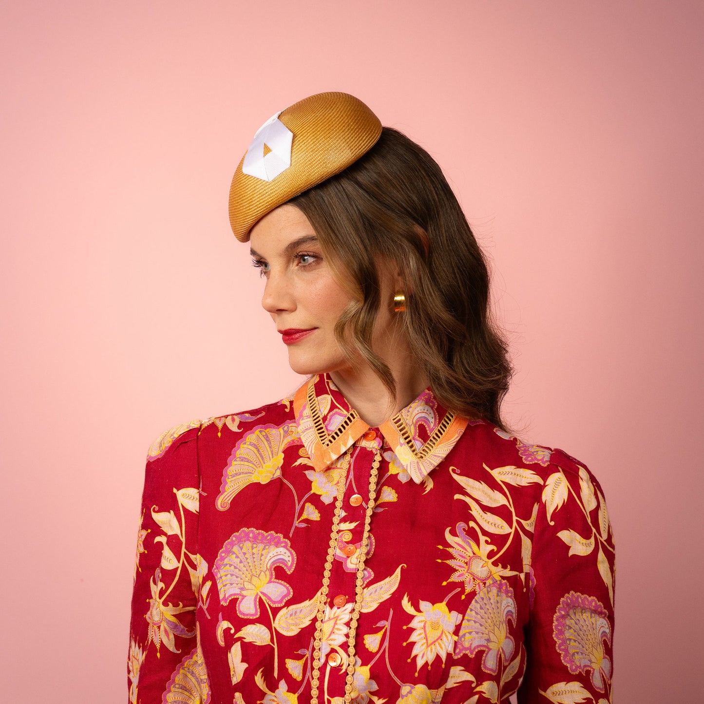 Evelyn Beret in gold straw with white infinity bow Spring Racing Headpiece