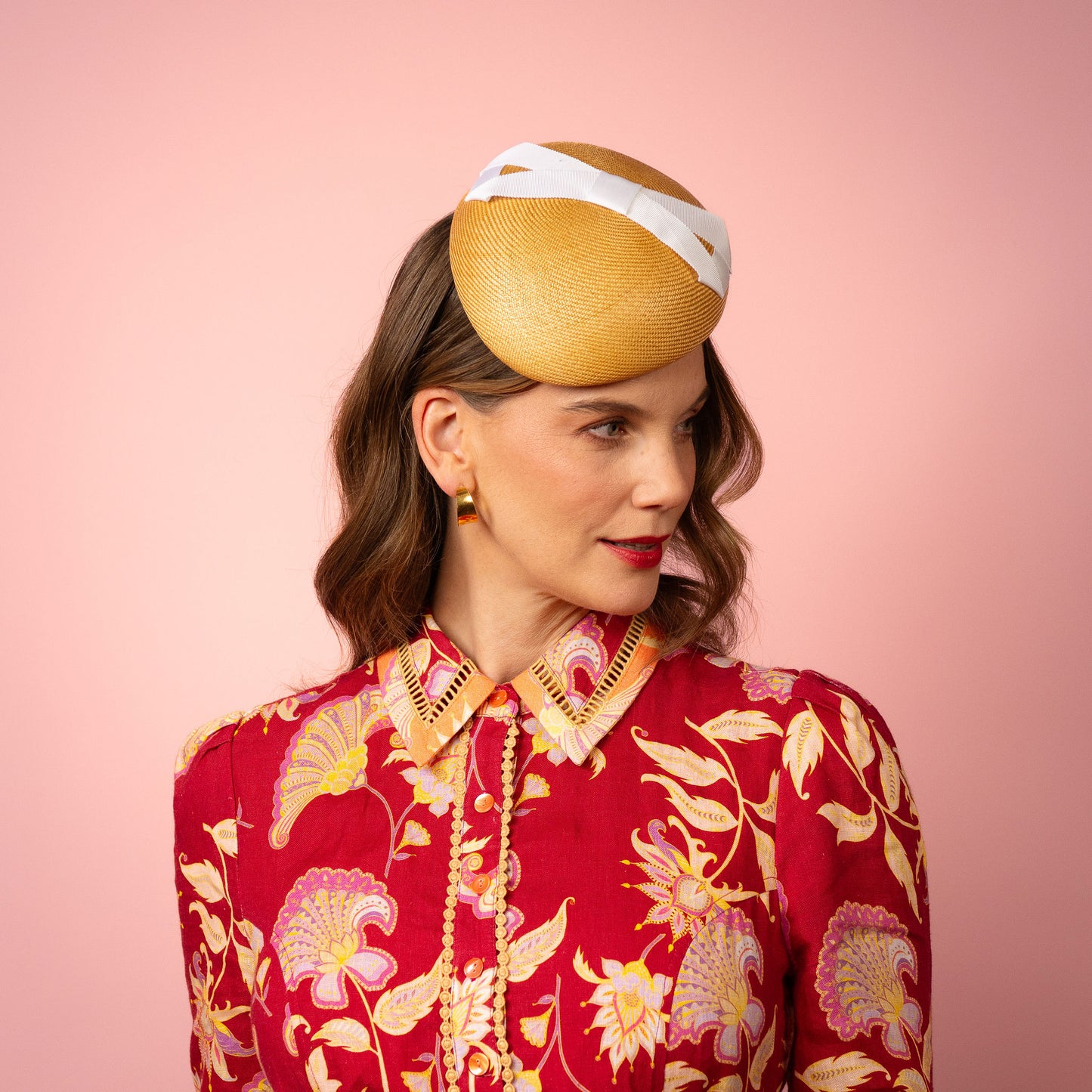 Evelyn Beret in gold straw with white infinity bow Spring Racing Headpiece