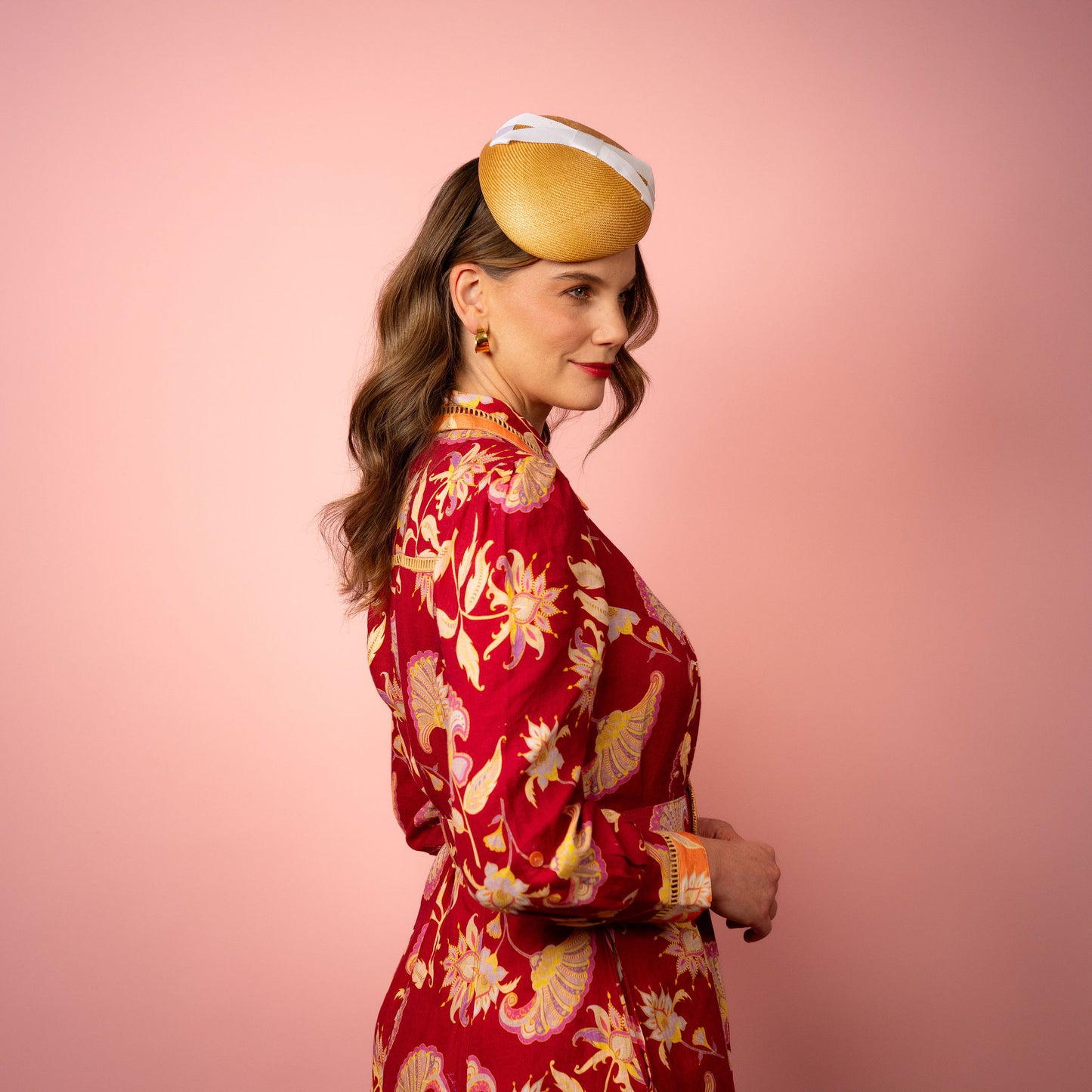 Evelyn Beret in gold straw with white infinity bow Spring Racing Headpiece
