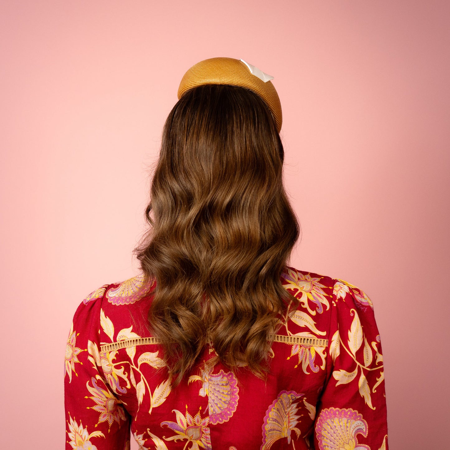 Evelyn Beret in gold straw with white infinity bow Spring Racing Headpiece