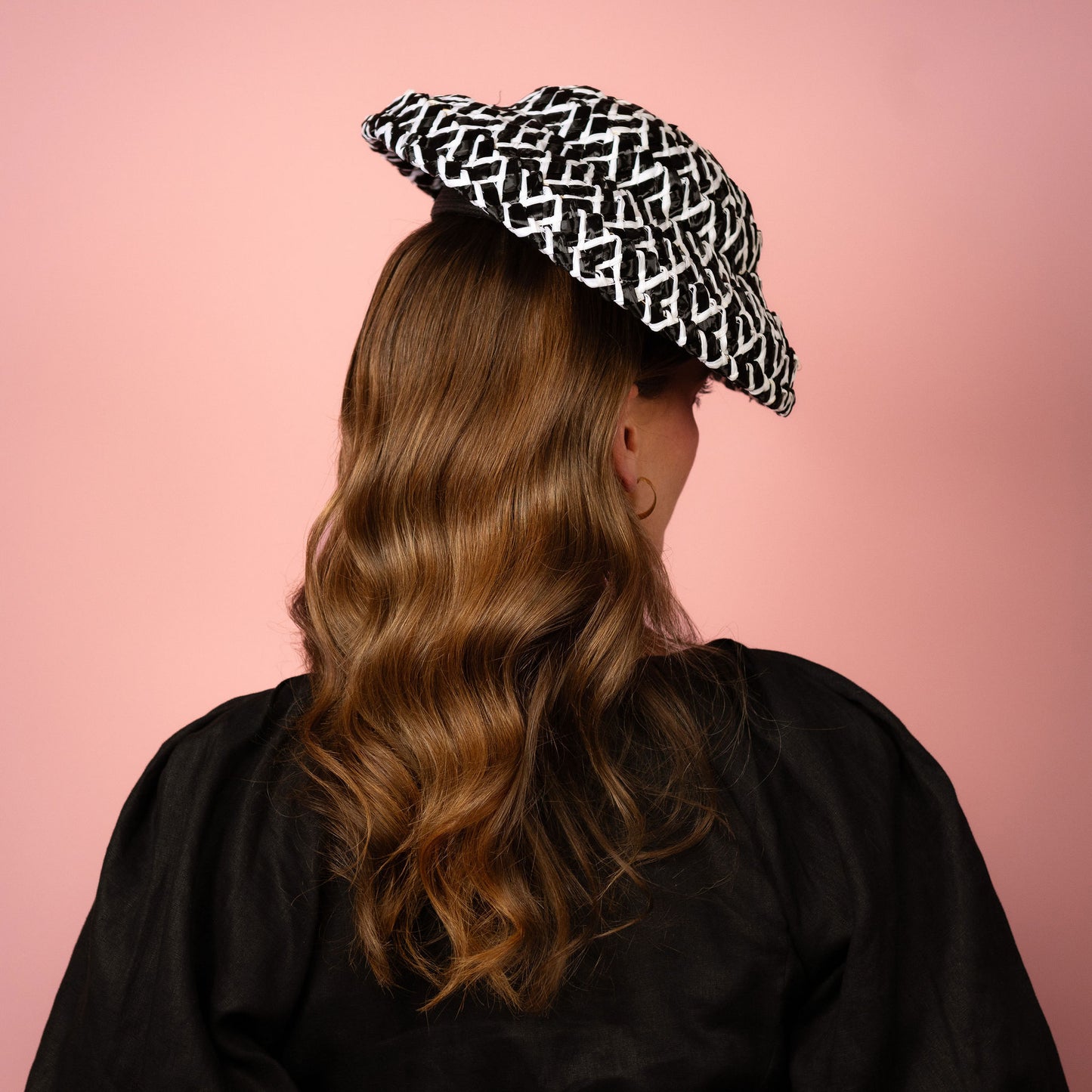 Fleur soft shaped brimmed hat in black and white straw Spring Racing Headpiece