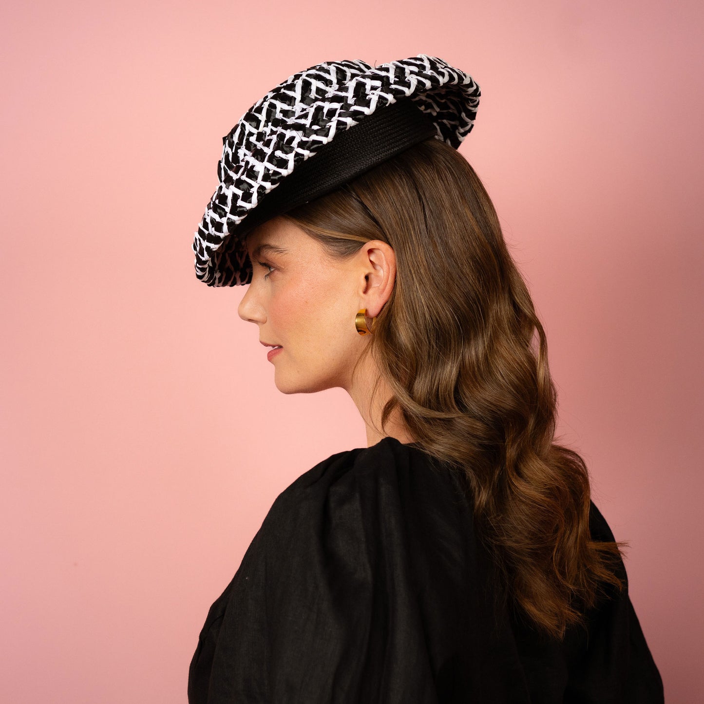 Fleur soft shaped brimmed hat in black and white straw Spring Racing Headpiece