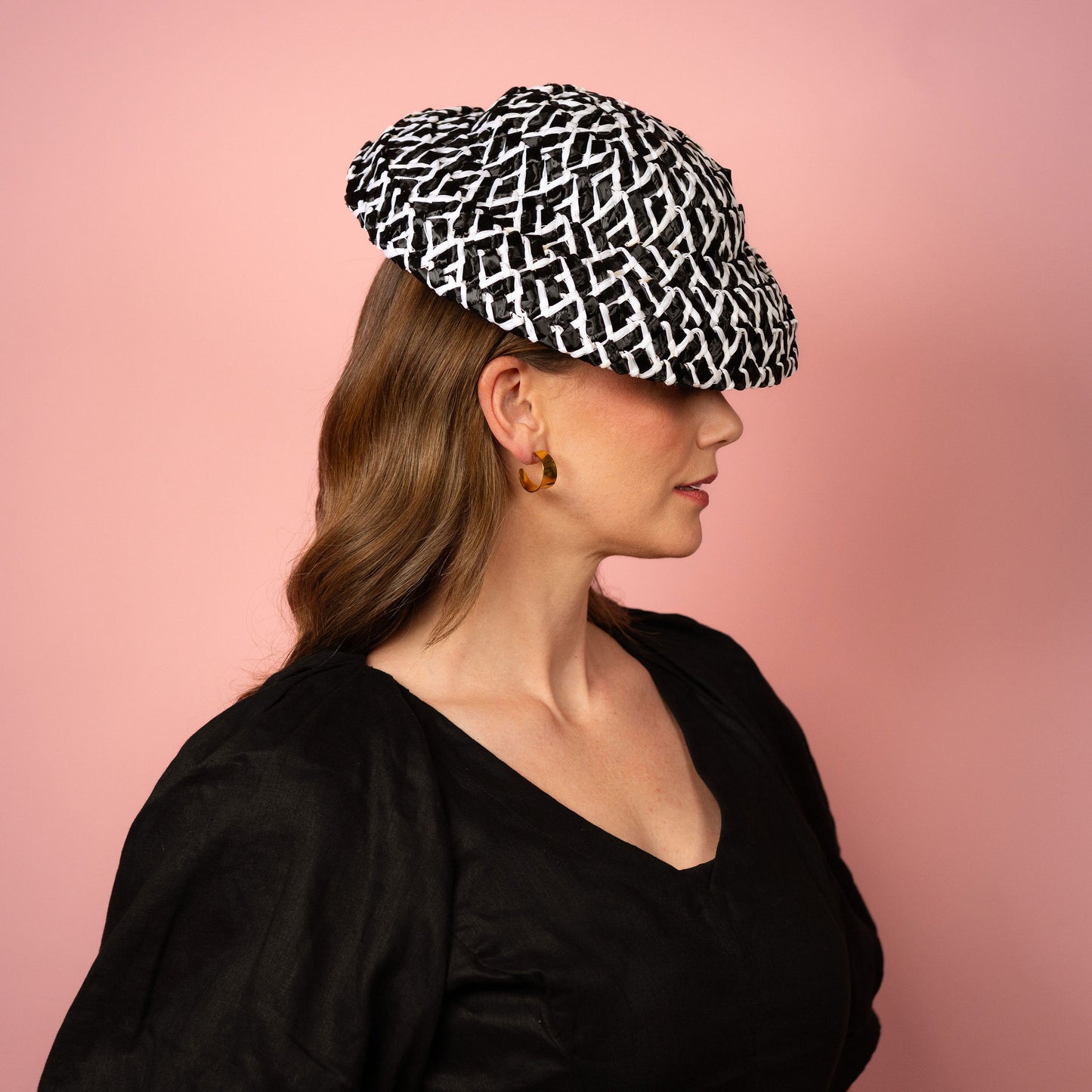 Fleur soft shaped brimmed hat in black and white straw Spring Racing Headpiece