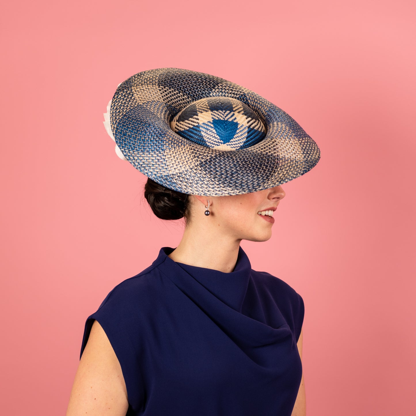 Gabriela Shaped Hat in Blue, Cream and Navy with silk poppy trim