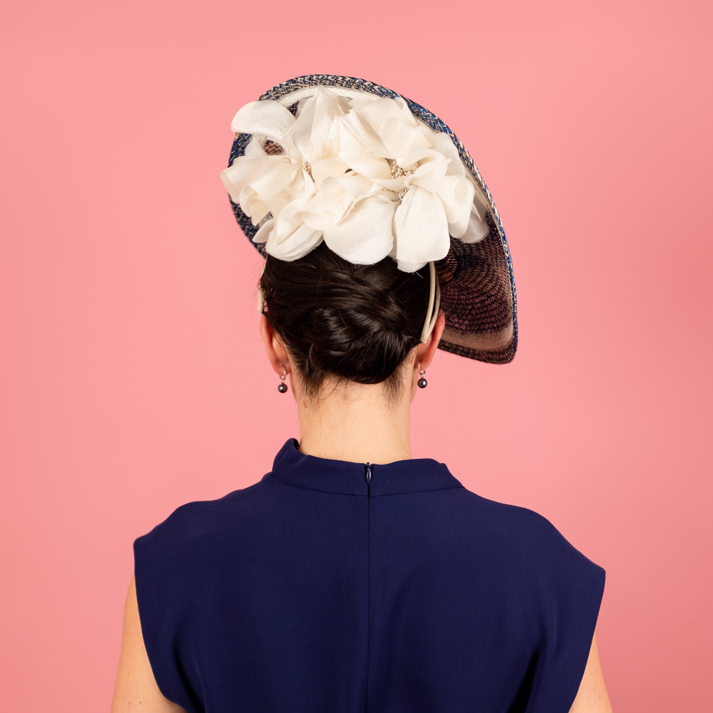 Gabriela Shaped Hat in Blue, Cream and Navy with silk poppy trim