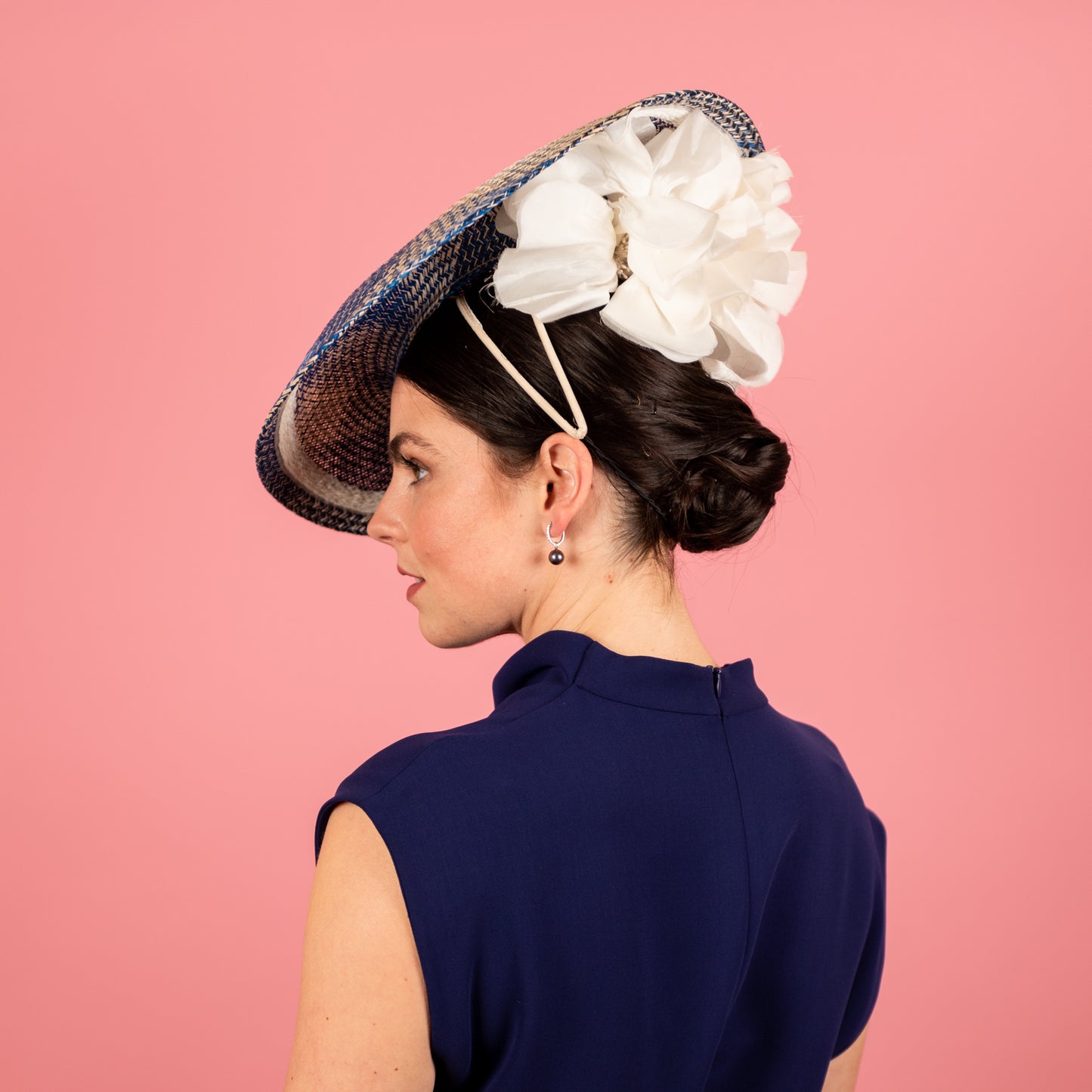 Gabriela Shaped Hat in Blue, Cream and Navy with silk poppy trim