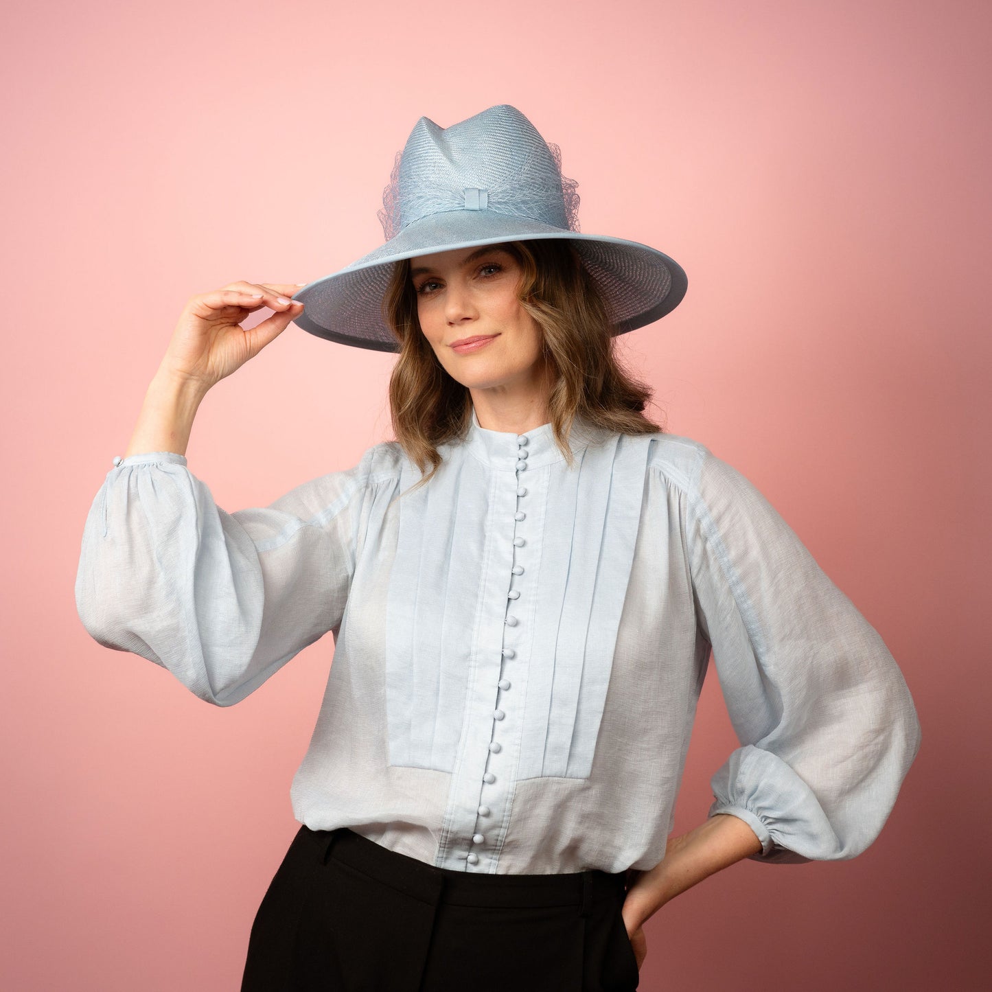 Isabella wide Brimmed hat with shaped crown in pale blue with veiling Spring Racewear Hat