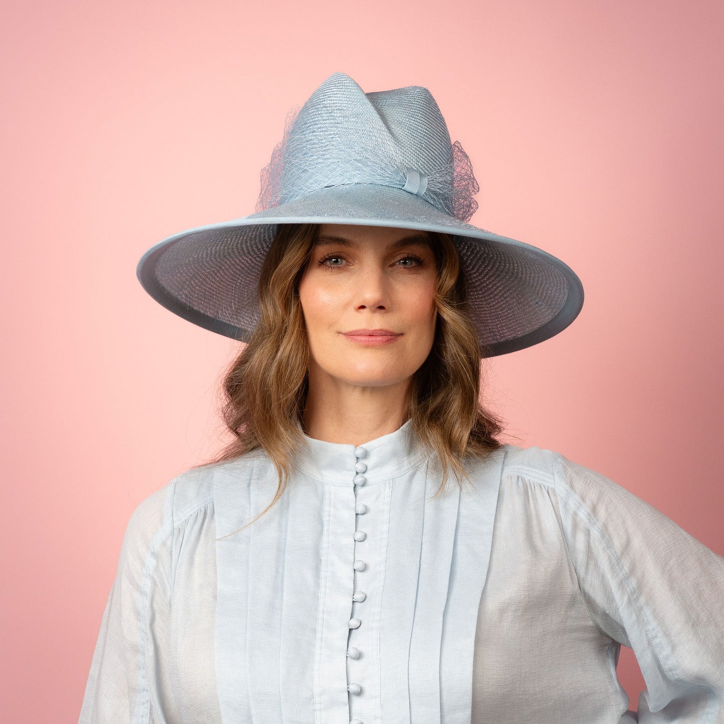Isabella wide Brimmed hat with shaped crown in pale blue with veiling Spring Racewear Hat