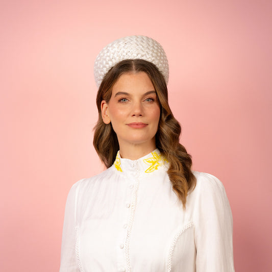 Joan Shaped Pillbox in white vintage straw Spring Racing Headpiece