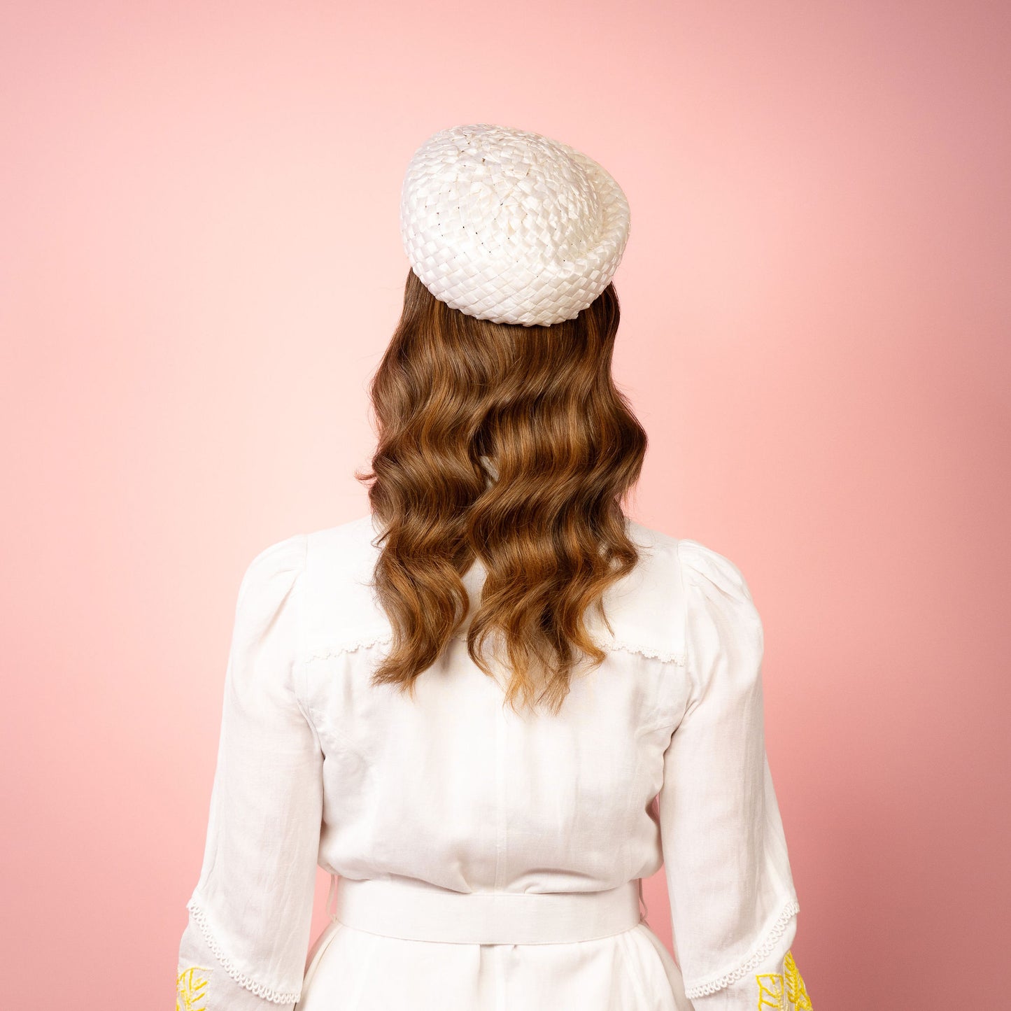 Joan Shaped Pillbox in white vintage straw Spring Racing Headpiece