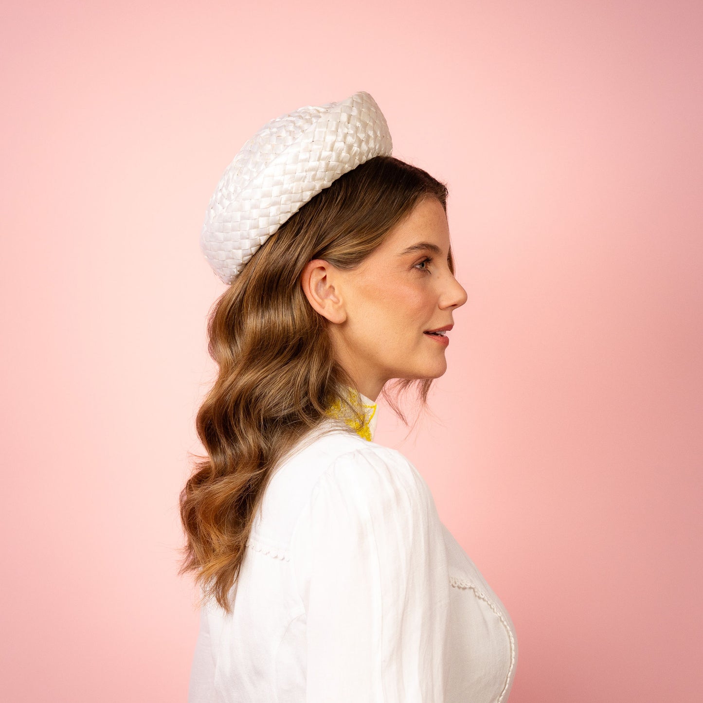 Joan Shaped Pillbox in white vintage straw Spring Racing Headpiece