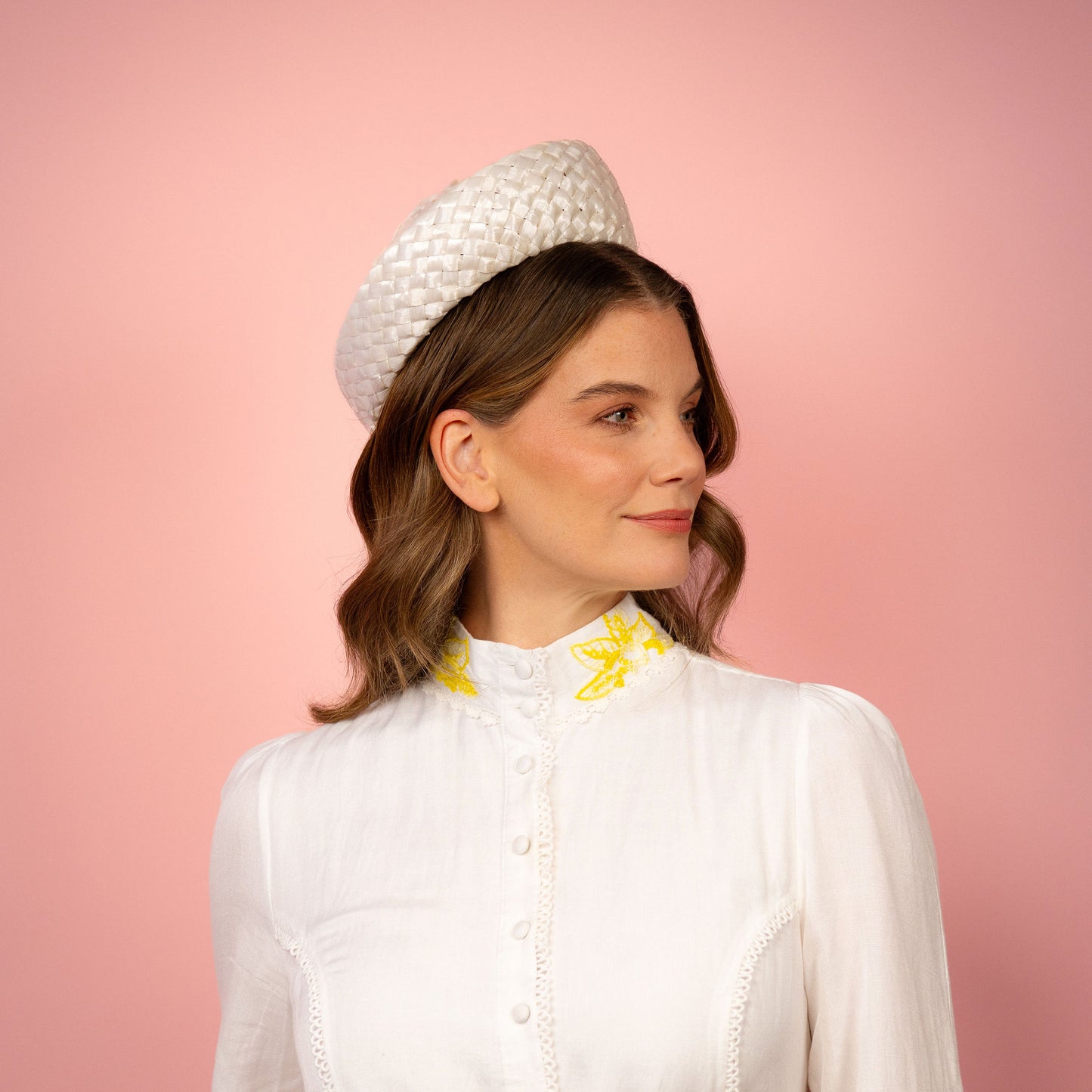 Joan Shaped Pillbox in white vintage straw Spring Racing Headpiece