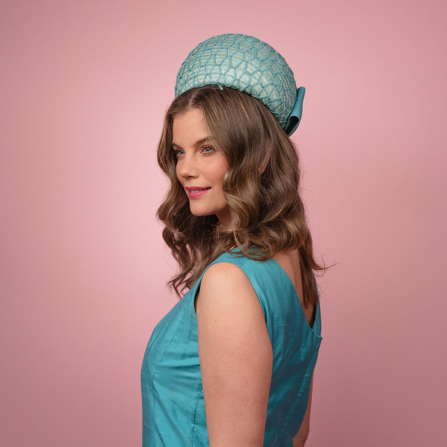 Kate Pillbox covered with vintage cloth with Petersham Bow in Aqua Blue Spring Racewear Headpiece