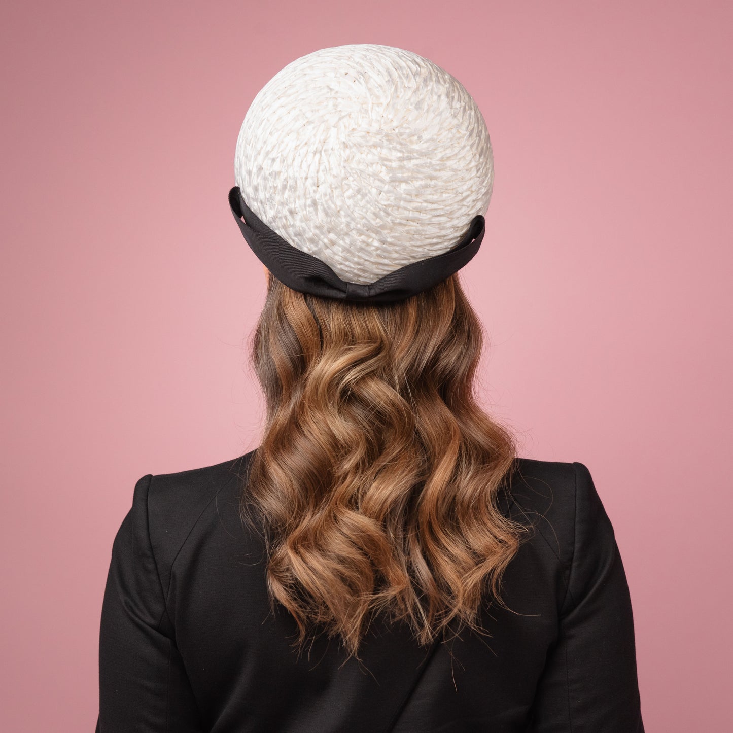 Kate Pillbox in White Vintage Straw with Black Petersham Bow Spring Racewear Headpiece