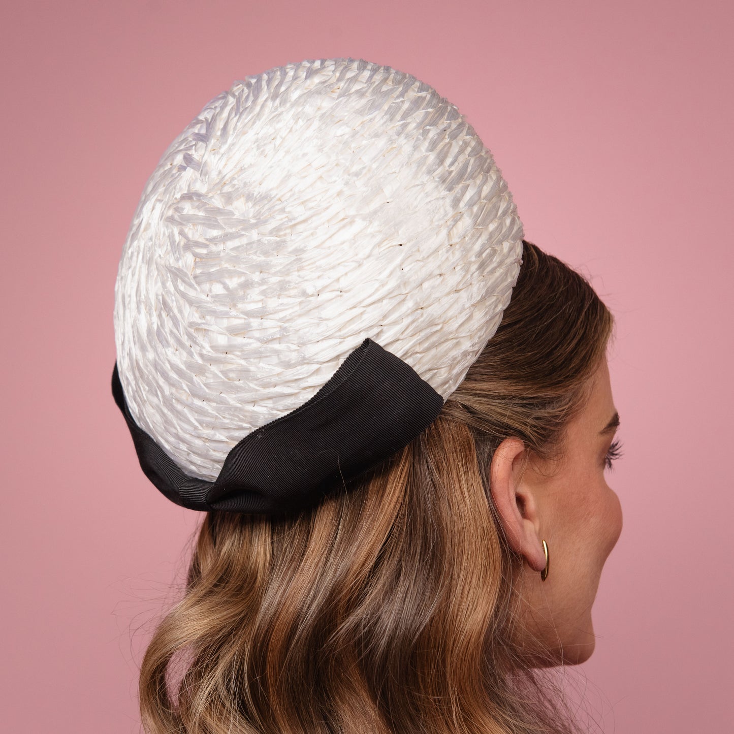Kate Pillbox in White Vintage Straw with Black Petersham Bow Spring Racewear Headpiece