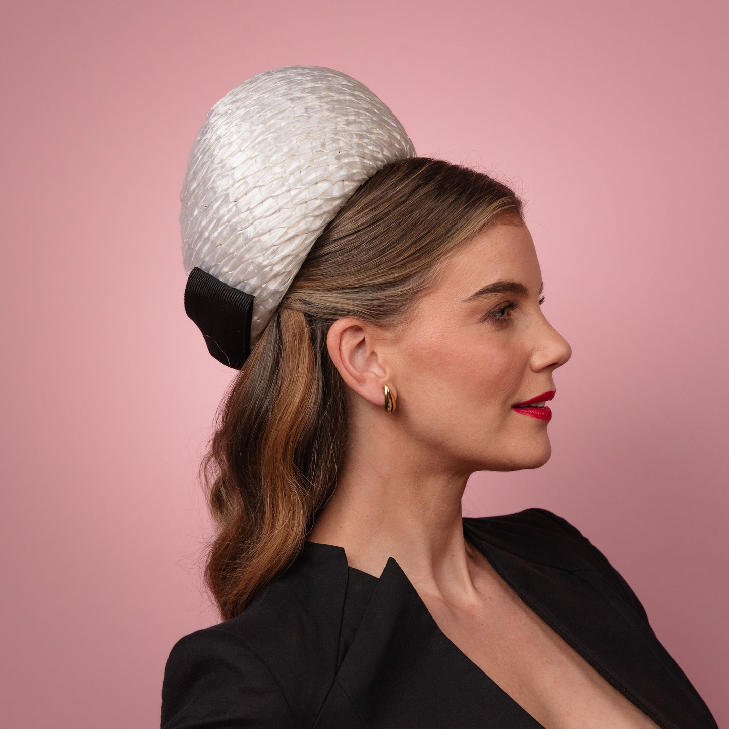 Kate Pillbox in White Vintage Straw with Black Petersham Bow Spring Racewear Headpiece