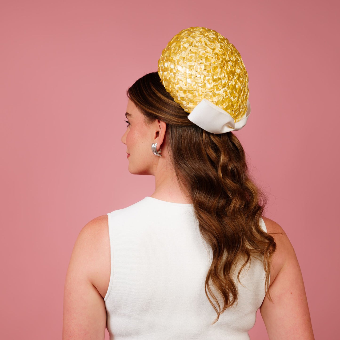 Kate Pillbox in lemon vintage straw with white petersham bow