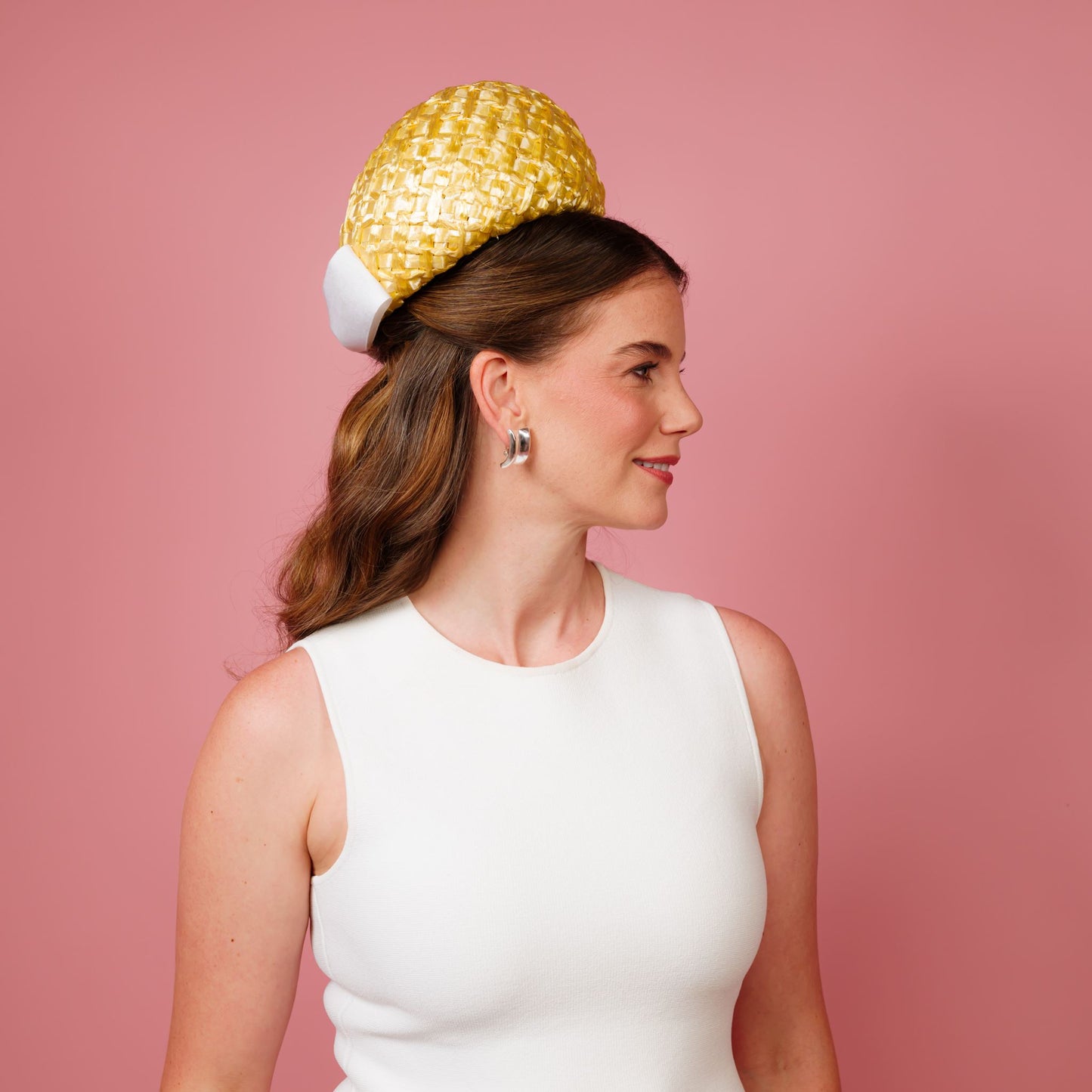 Kate Pillbox in lemon vintage straw with white petersham bow