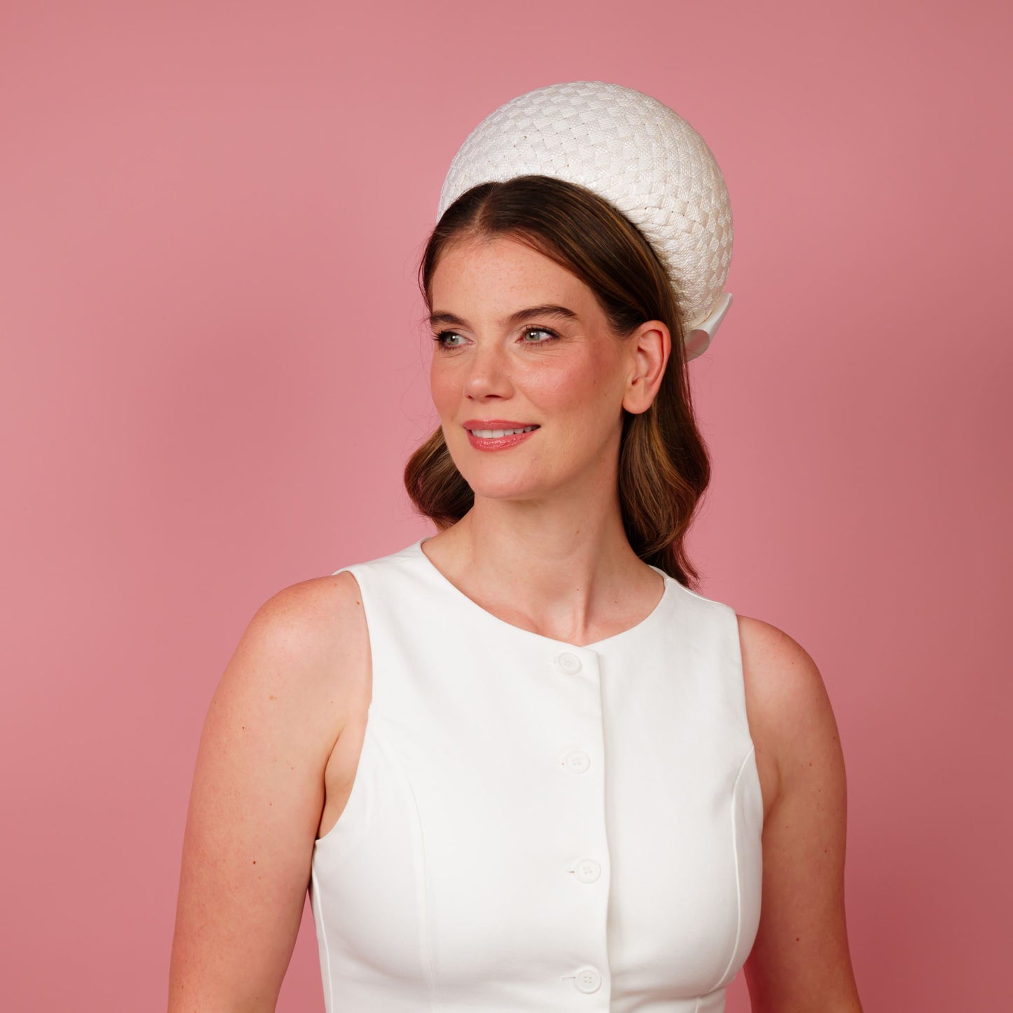 Kate Pillbox in white vintage straw with white petersham bow