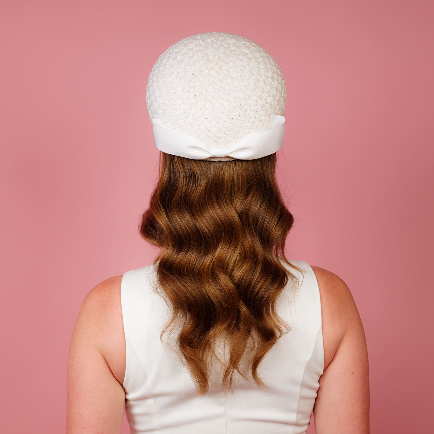 Kate Pillbox in white vintage straw with white petersham bow