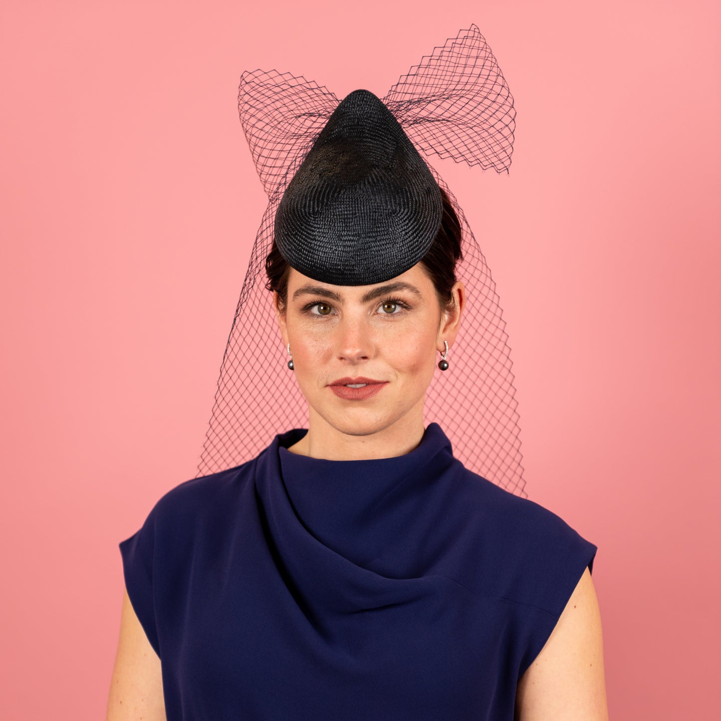 Kennedy Straw Button Percher Headpiece with vintage veiling bow in navy
