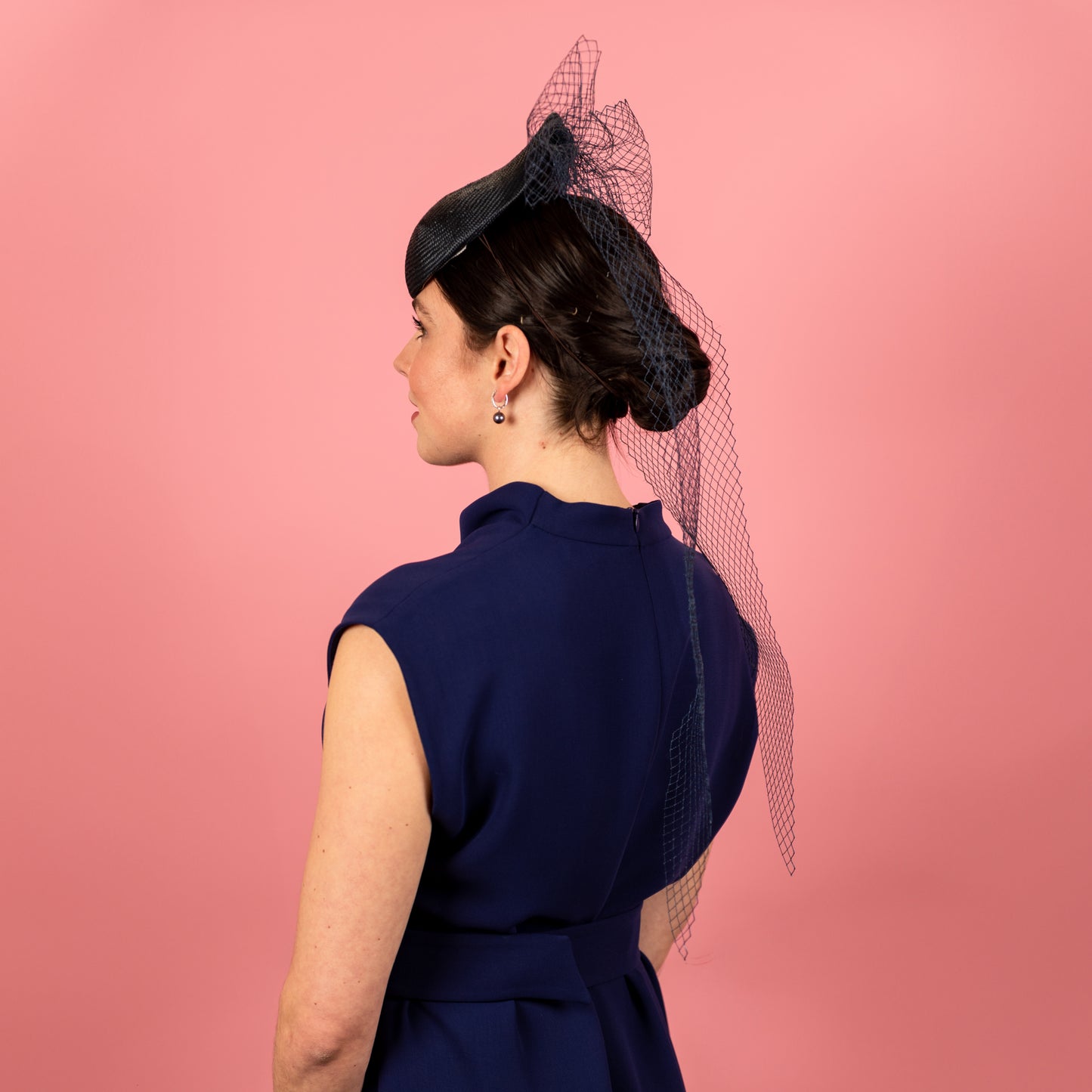 Kennedy Straw Button Percher Headpiece with vintage veiling bow in navy