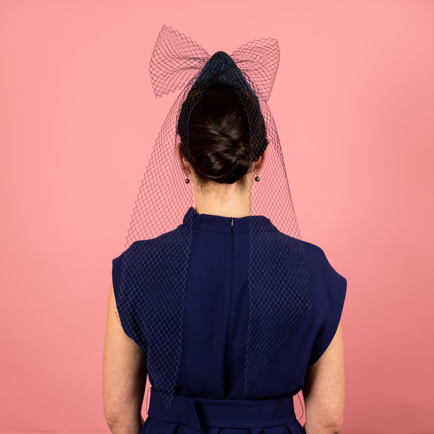 Kennedy Straw Button Percher Headpiece with vintage veiling bow in navy