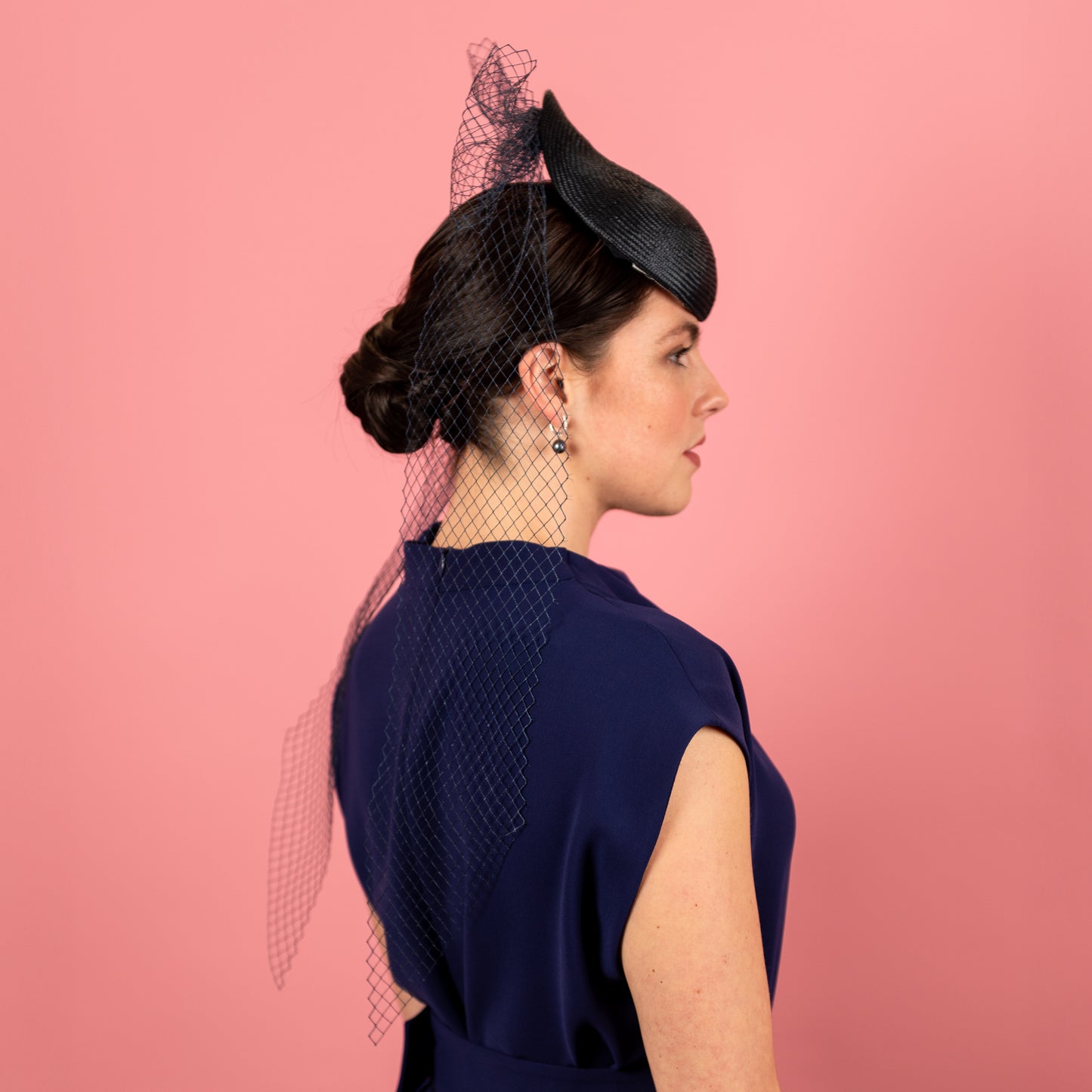 Kennedy Straw Button Percher Headpiece with vintage veiling bow in navy