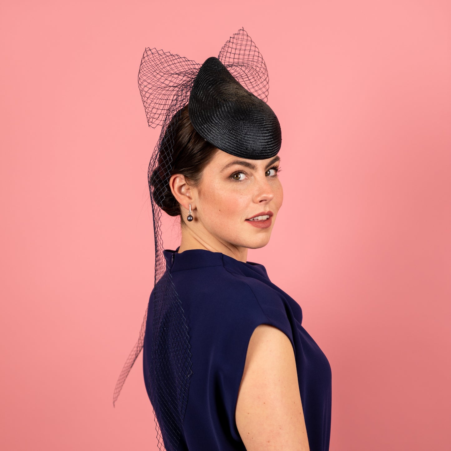 Kennedy Straw Button Percher Headpiece with vintage veiling bow in navy