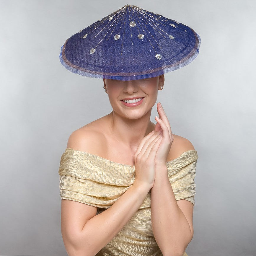 Firework headpiece in navy and sparkle tulle with metallic stitching and beading