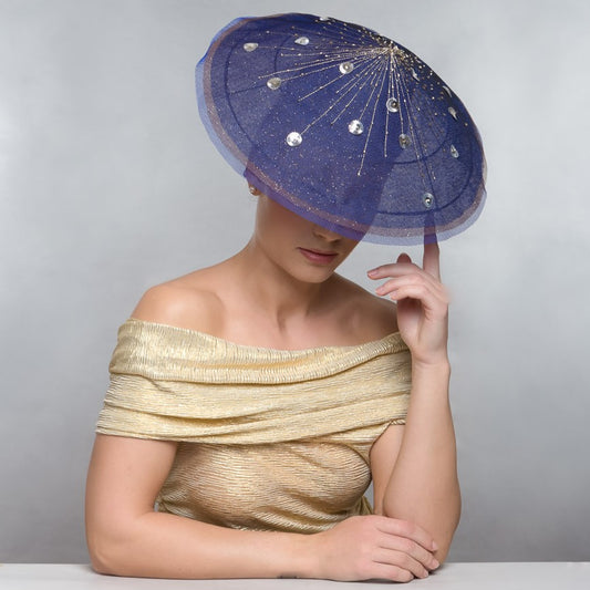 Firework headpiece in navy and sparkle tulle with metallic stitching and beading
