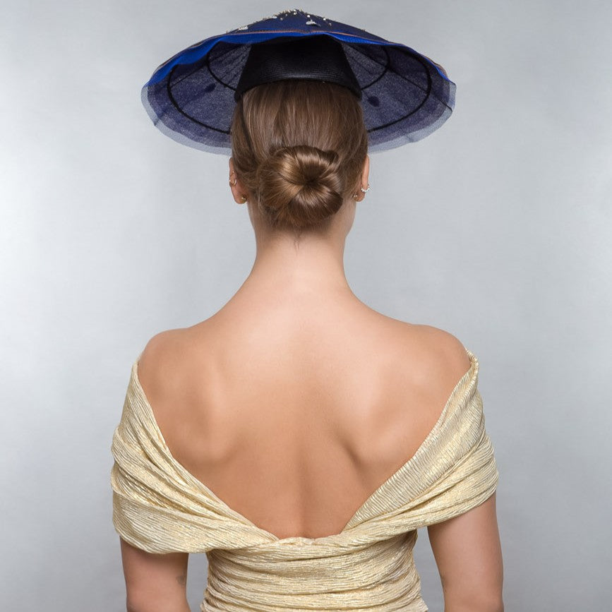 Firework headpiece in navy and sparkle tulle with metallic stitching and beading