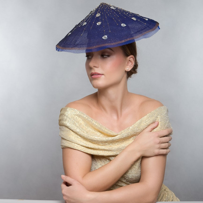 Firework headpiece in navy and sparkle tulle with metallic stitching and beading