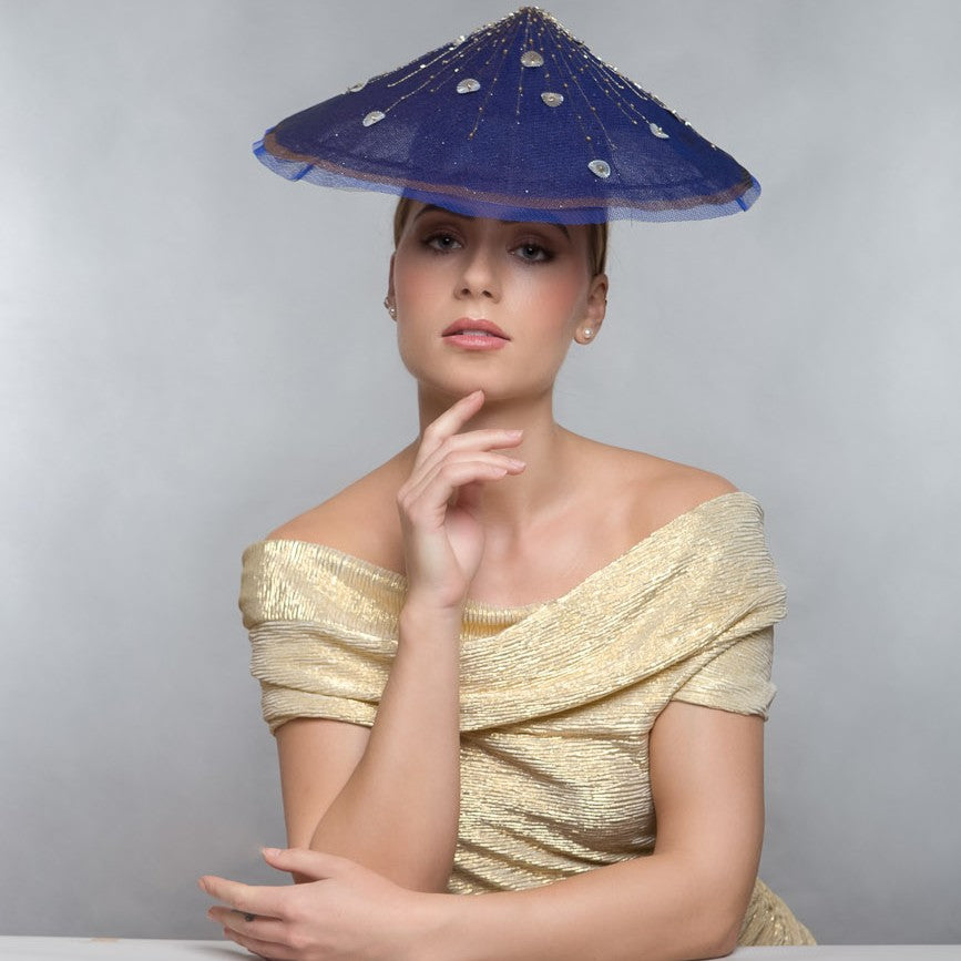 Firework headpiece in navy and sparkle tulle with metallic stitching and beading