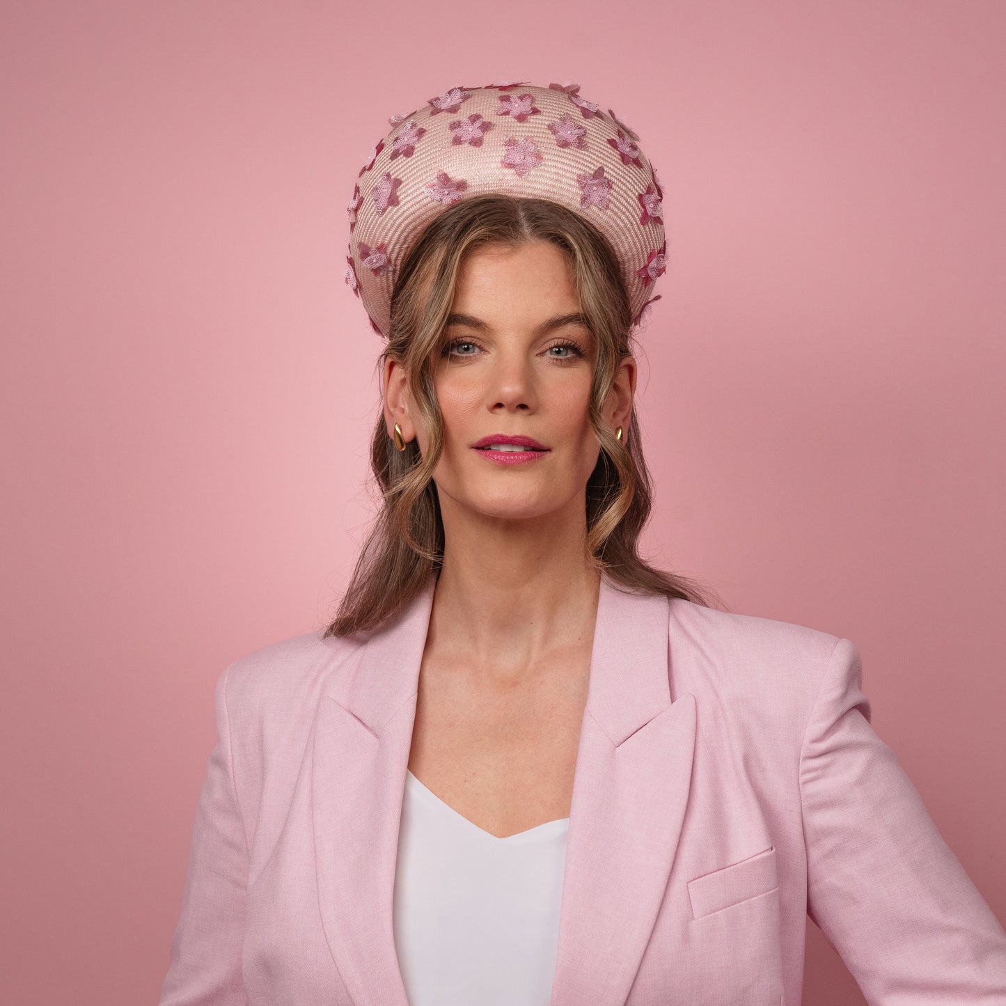 Layla Pillbox with tulle and metallic flowers Spring Racewear Headpiece