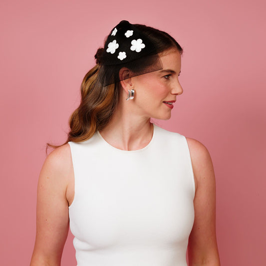 Margot back of haed bow black and white floral