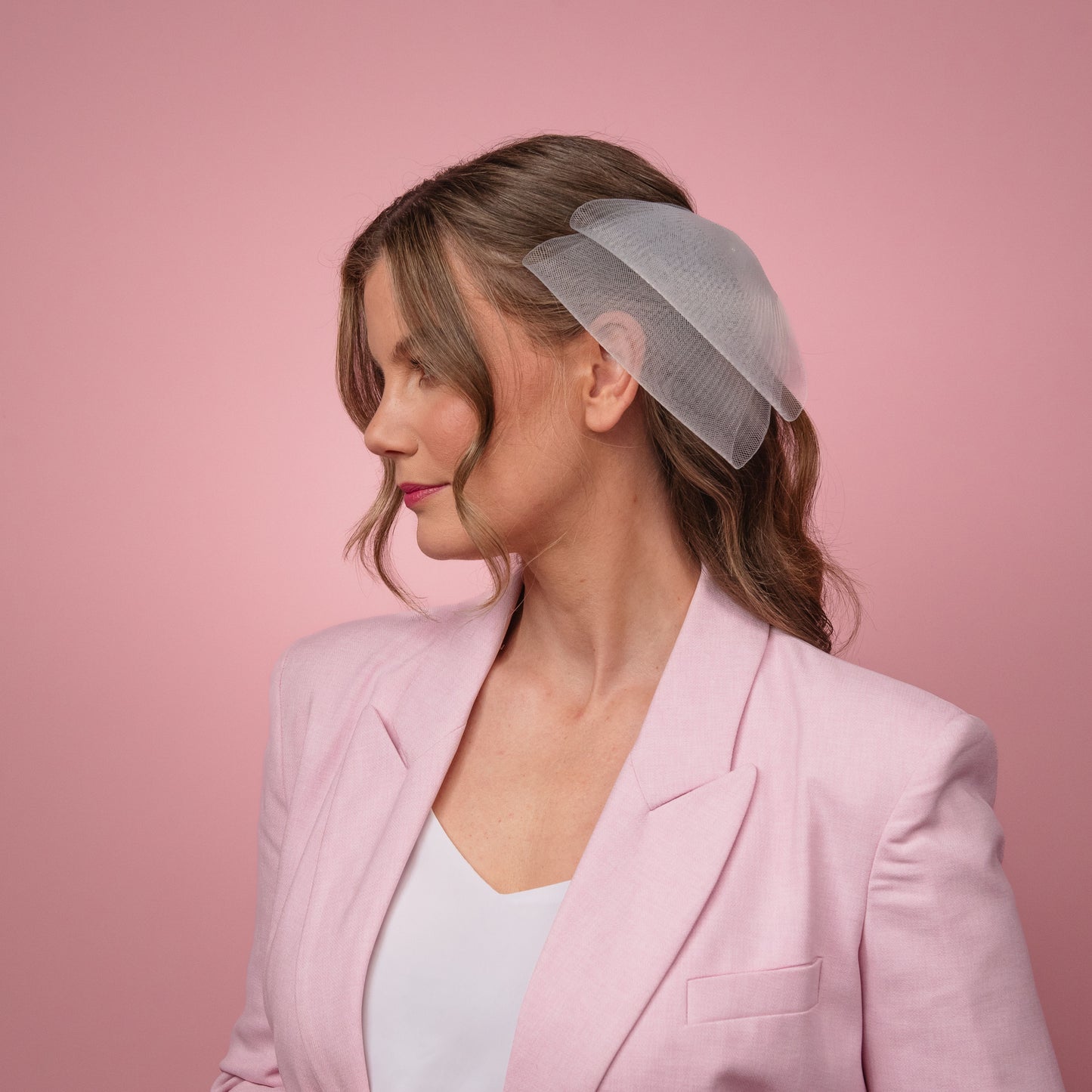 Margot back of the head white crinoline bow with comb Spring Racewear Headpiece