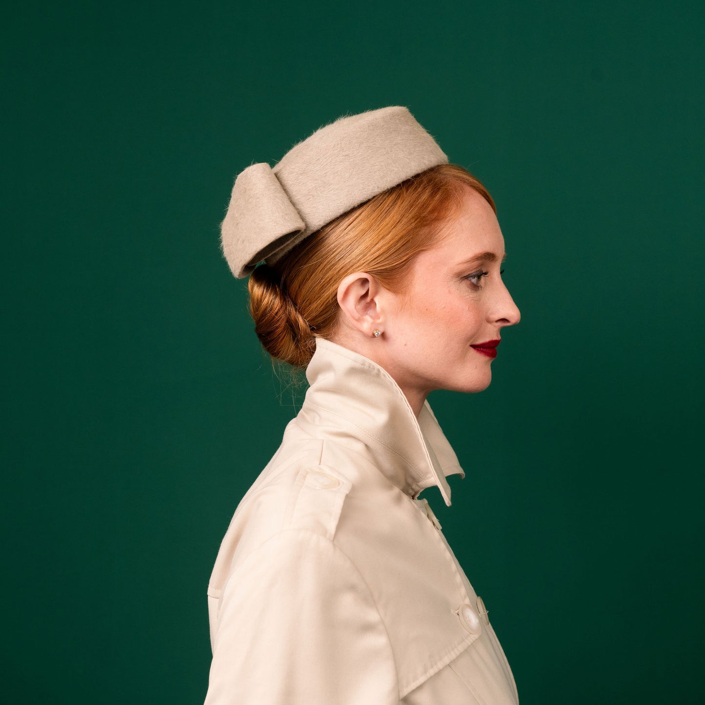 McPhee Cream Velour Felt Pillbox with bow Winter Racewear Headpiece