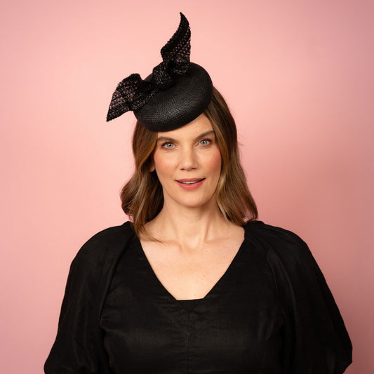 Michelle Beret with knot trim in Black Spring Racing Headpiece