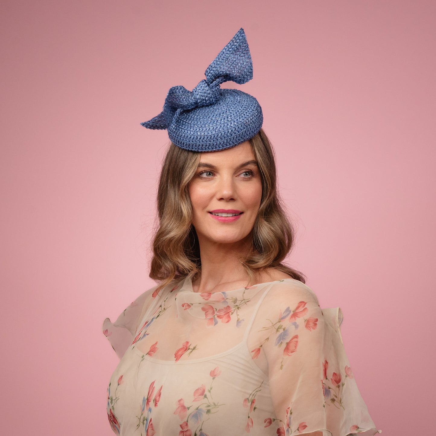 Michelle Beret with knot trim in Blue Braid Spring Racewear Headpiece