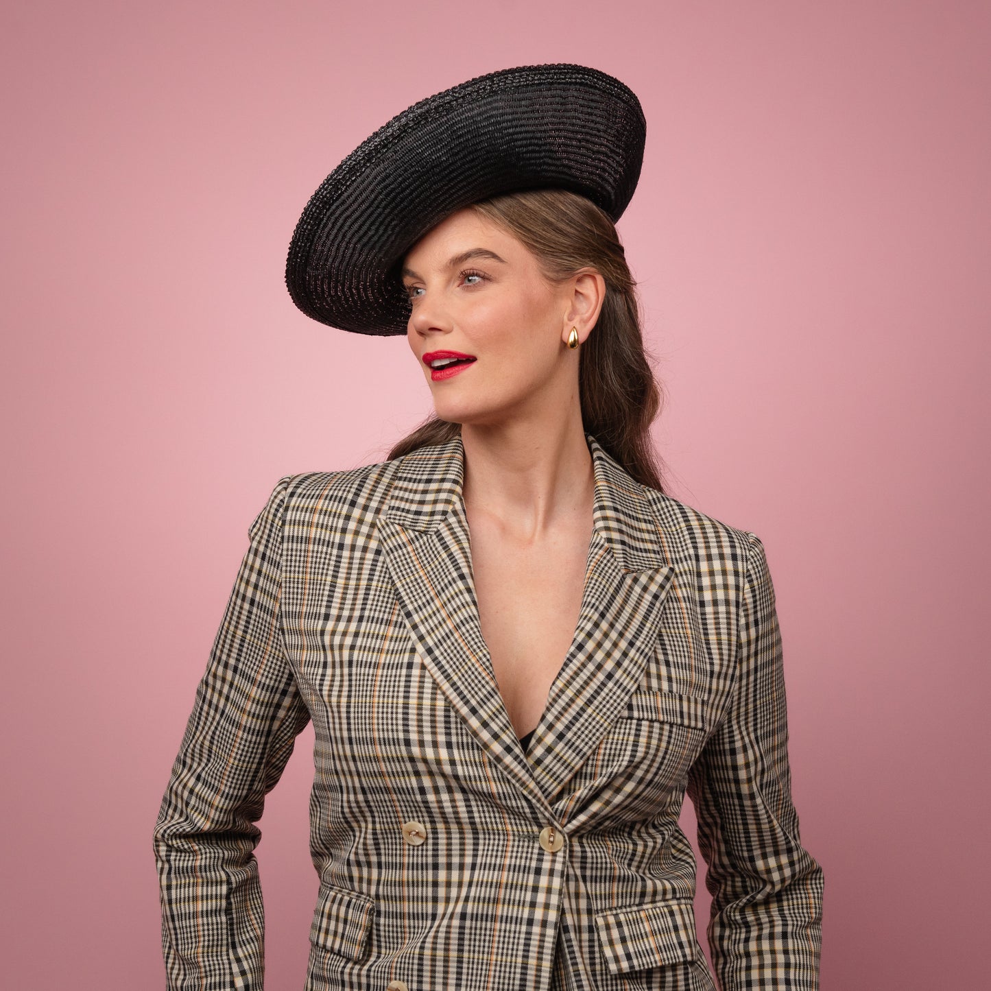 Mila Upturned Brimmed Straw Hat with Knotted Straw Braid Trim in Black Spring Racewear Hat