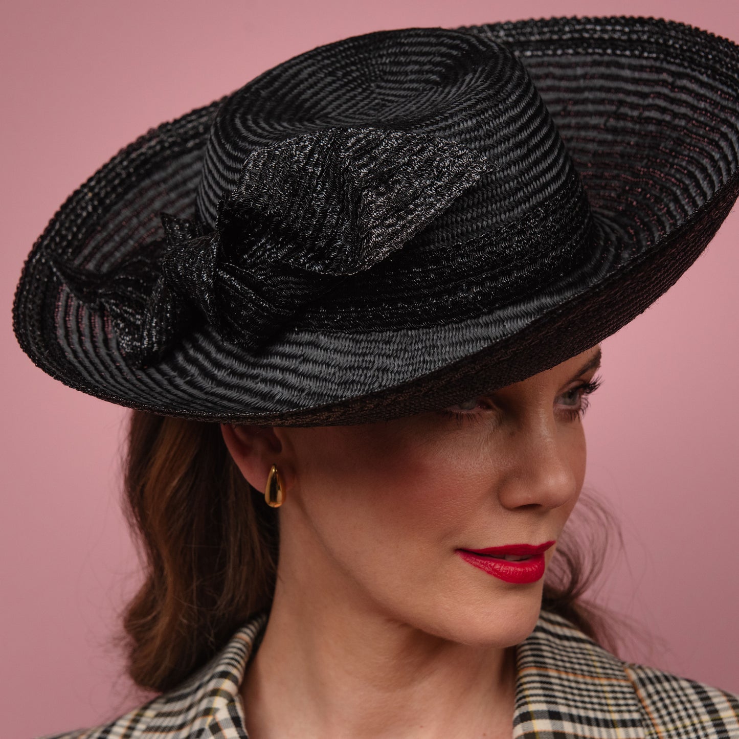 Mila Upturned Brimmed Straw Hat with Knotted Straw Braid Trim in Black Spring Racewear Hat