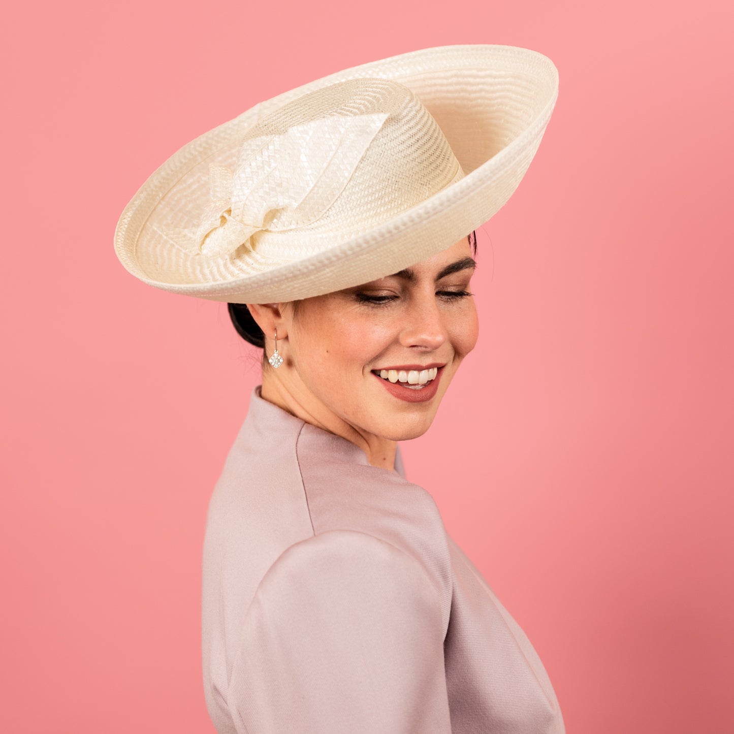 Mila Upturned Brimmed Straw Hat with Knotted Straw Braid Trim in Ivory