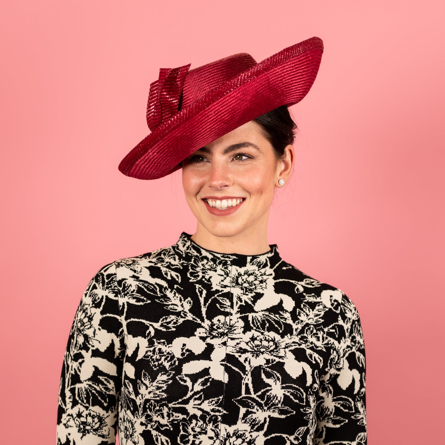 Mila Upturned Brimmed Straw Hat with Knotted Straw Braid Trim in Rasberry Red