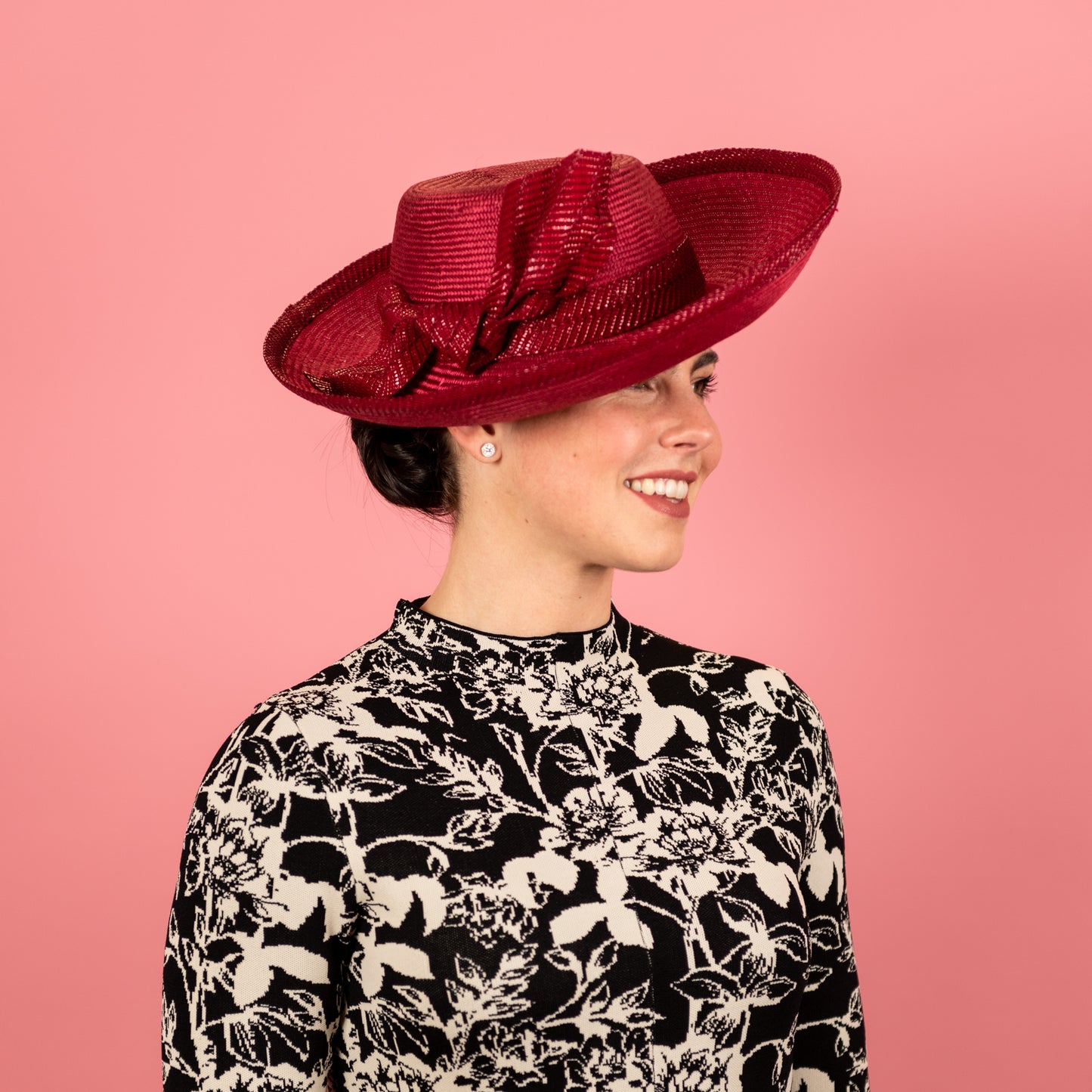 Mila Upturned Brimmed Straw Hat with Knotted Straw Braid Trim in Rasberry Red