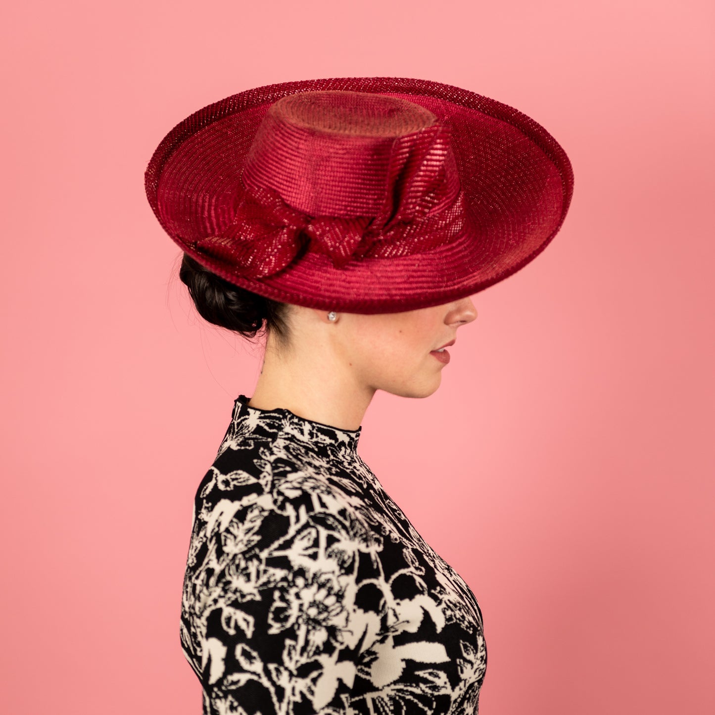 Mila Upturned Brimmed Straw Hat with Knotted Straw Braid Trim in Rasberry Red