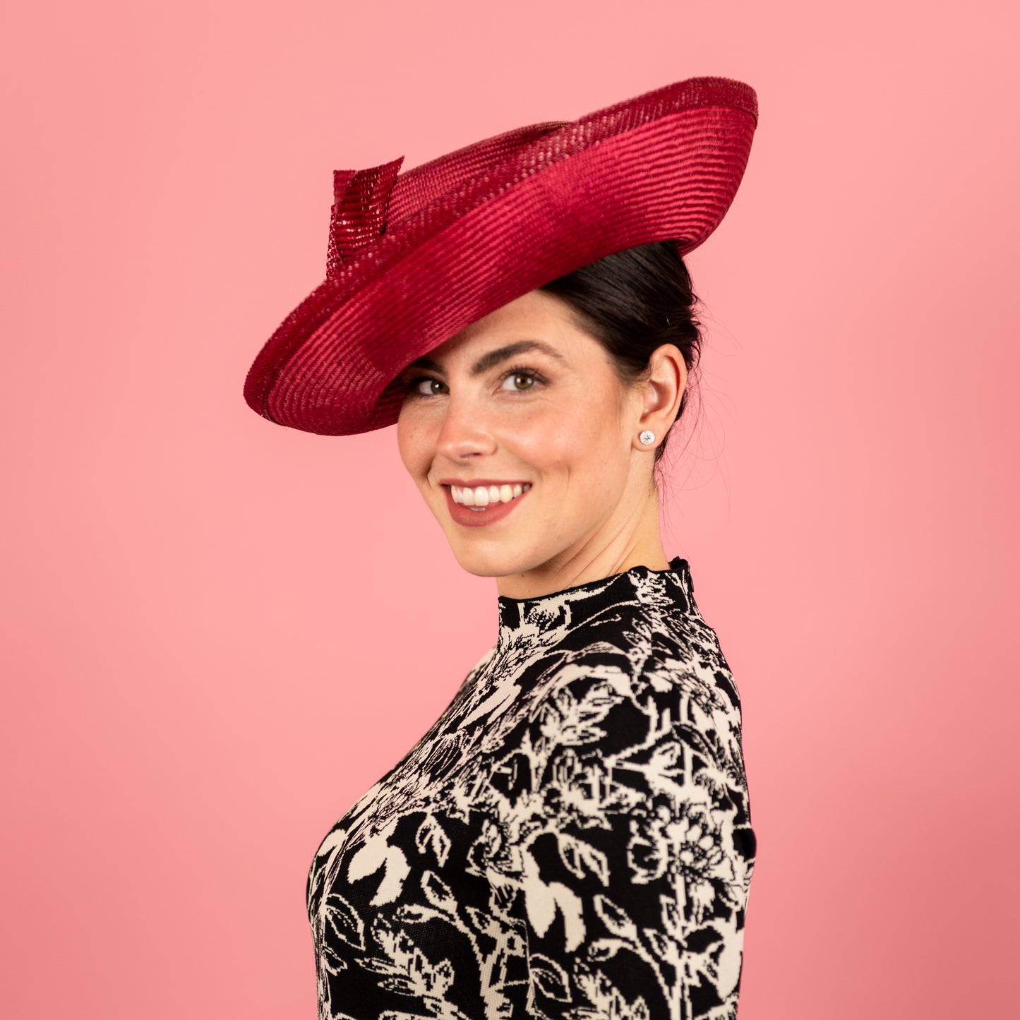 Mila Upturned Brimmed Straw Hat with Knotted Straw Braid Trim in Rasberry Red