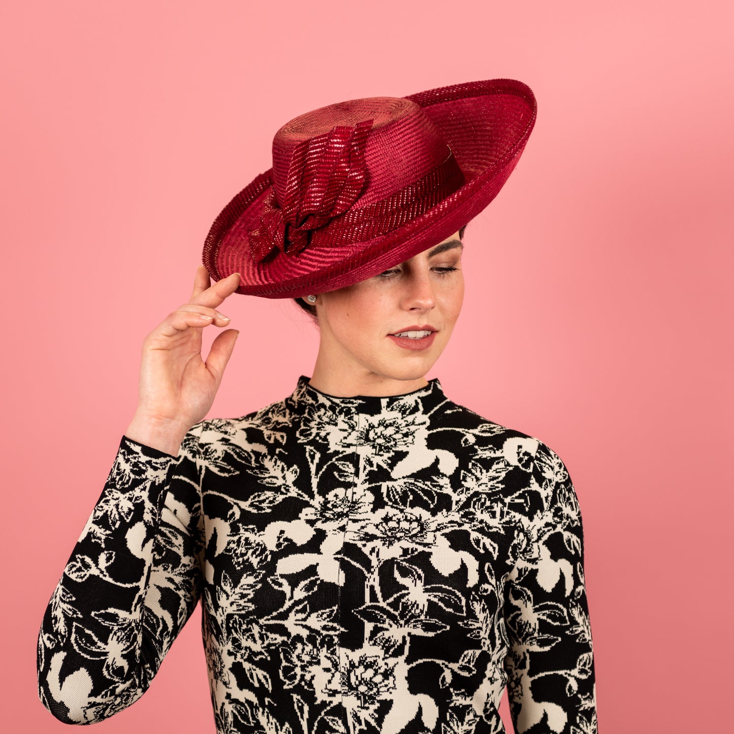 Mila Upturned Brimmed Straw Hat with Knotted Straw Braid Trim in Rasberry Red