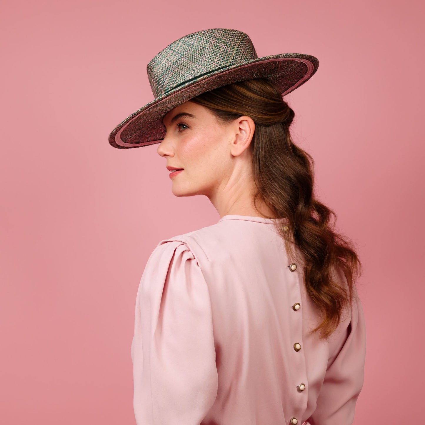 Mirra Fedora Hat in pink and green straw with petersham band